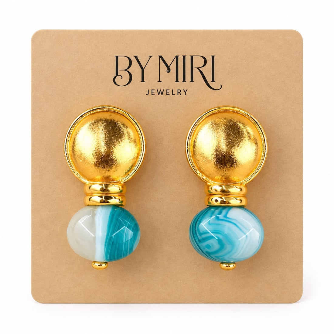Aretes Ágata Turquesa con diseño dorado y piedra efecto ágata turquesa y blanco
