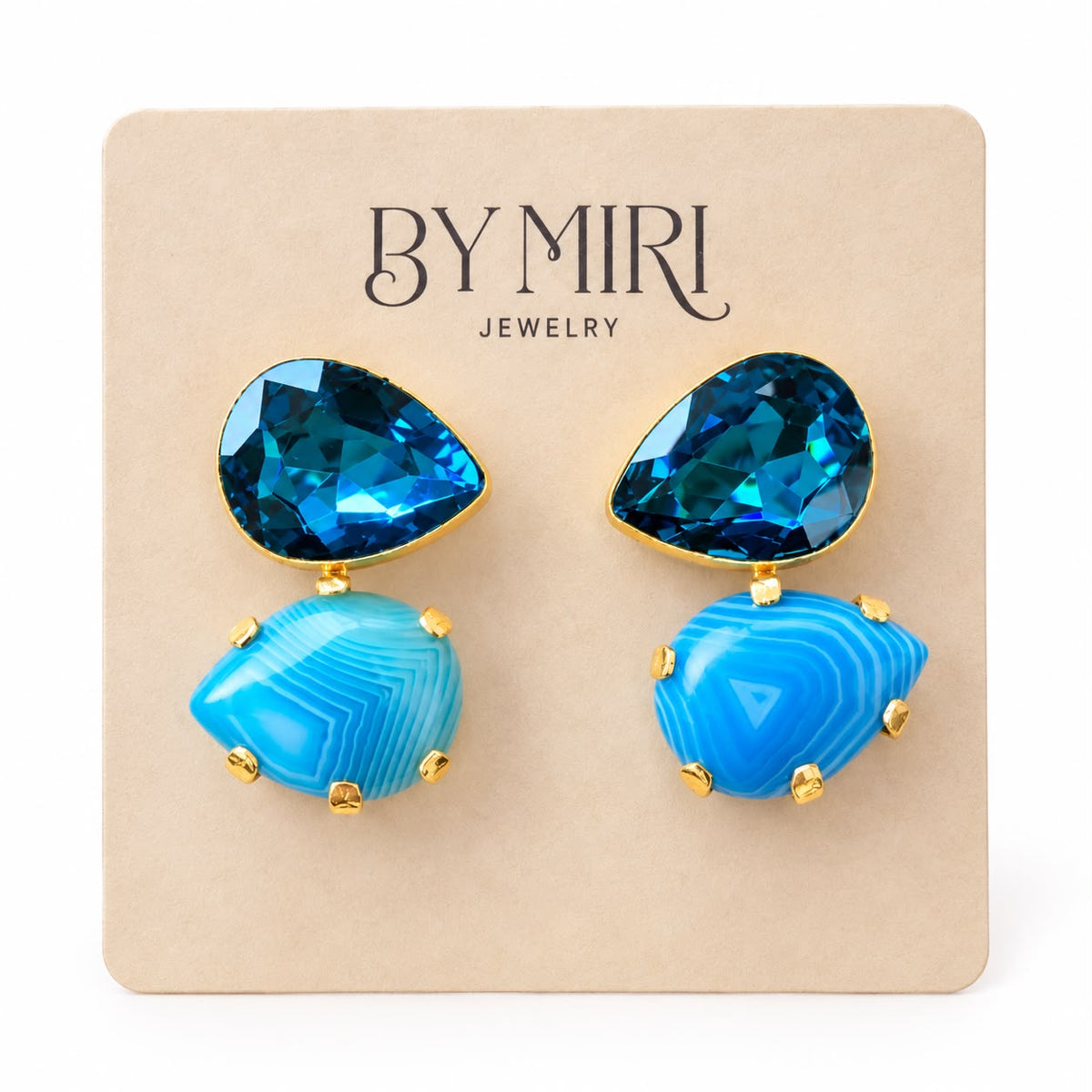 Aretes Azul Turquesa con cristales y piedra efecto ágata en tonos turquesa con detalles dorados