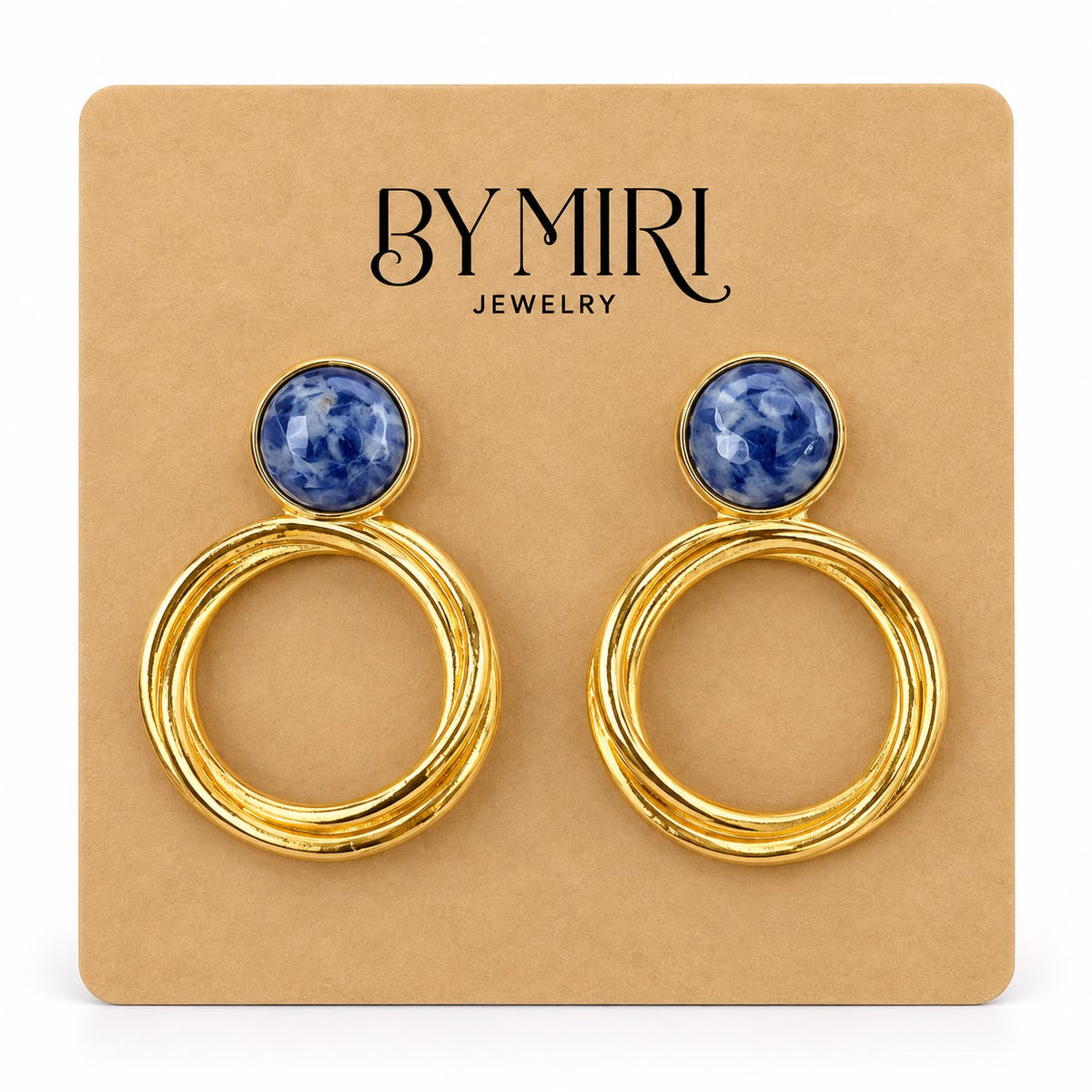 Aretes Círculo Azul dorados con aro y piedra azul efecto marmoleado