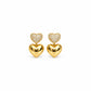 Aretes Doble Corazón Destello - Aretes de plata 925 con baño oro 18K, corazón superior con cristales y corazón colgante liso