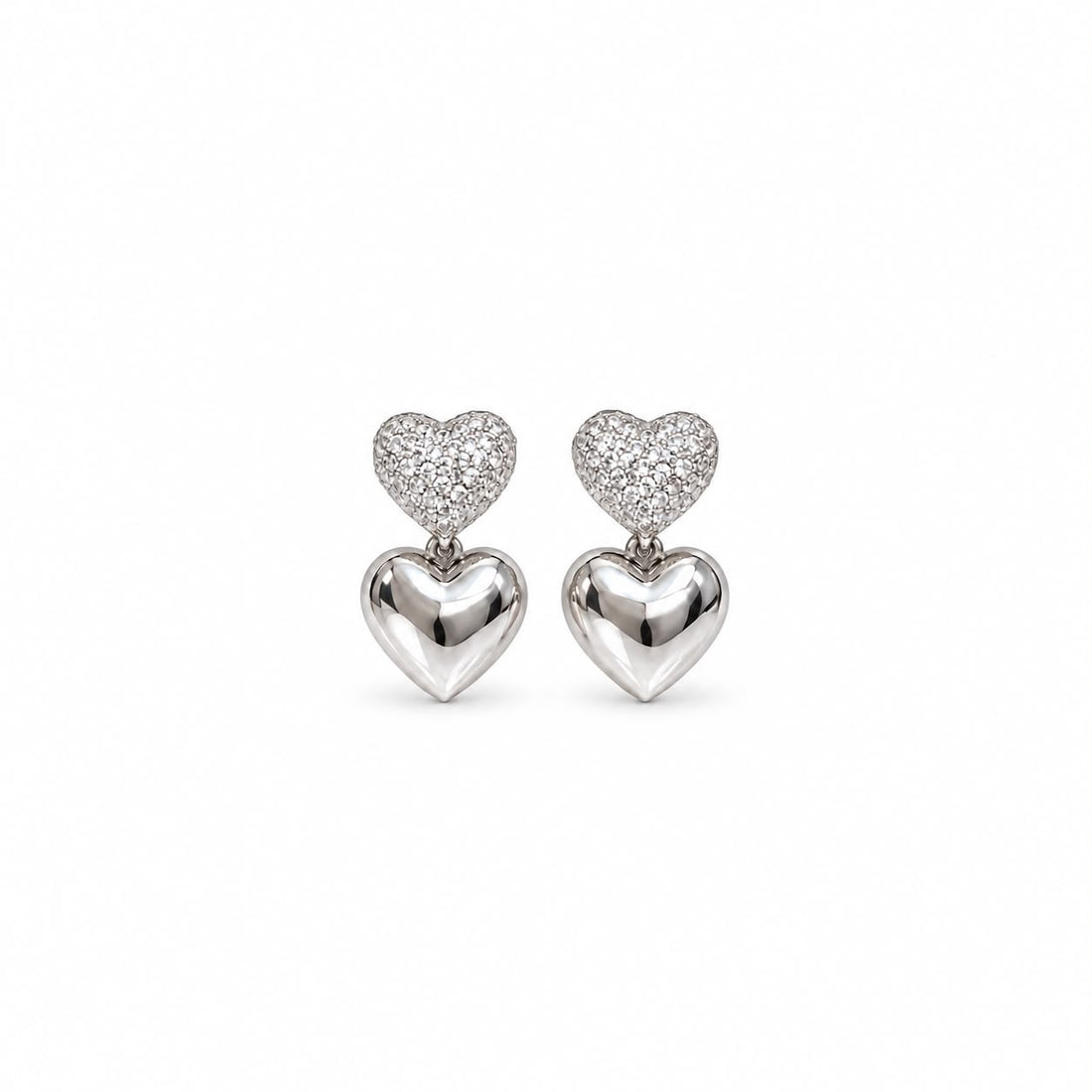 Aretes Doble Corazón Destello Plateado - Aretes de plata 925 con corazón de circonias y corazón colgante pulido
