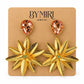 Aretes Flor Coral dorados con hojas texturizadas y cristal coral facetado en gota