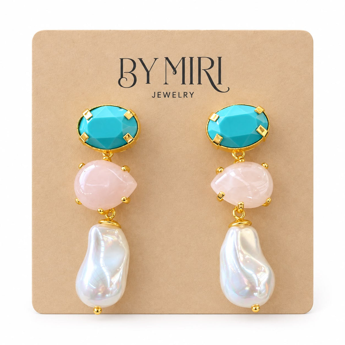 Aretes Turquesa & Perla con piedra turquesa, rosa y perla barroca