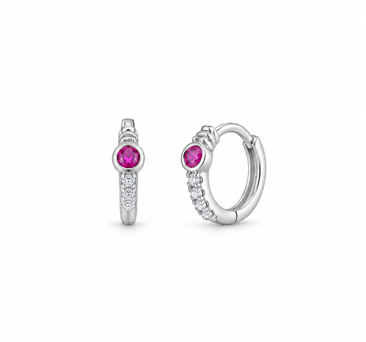 Argollas Fucsia Brillante - Argollas de plata 925 con circonias y piedra central fucsia, 10 mm