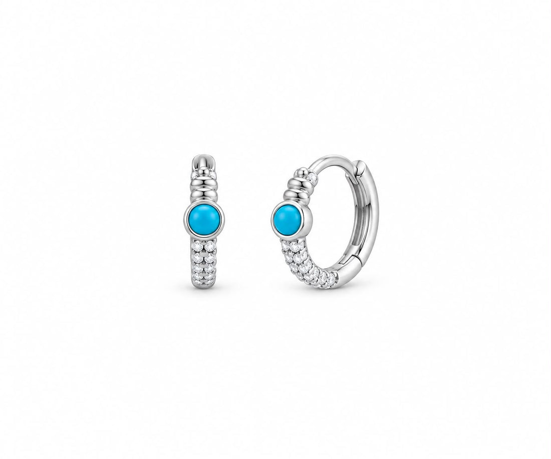 Argollas Turquesa Brillante - Argollas de plata 925 con circonias y piedra central turquesa, 10 mm