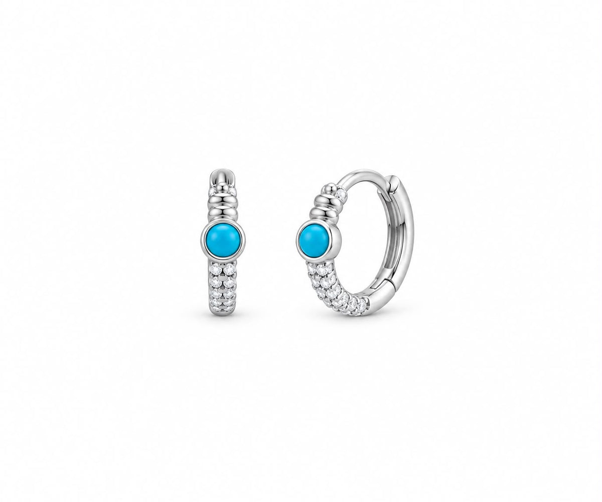 Argollas Turquesa Brillante - Argollas de plata 925 con circonias y piedra central turquesa, 10 mm