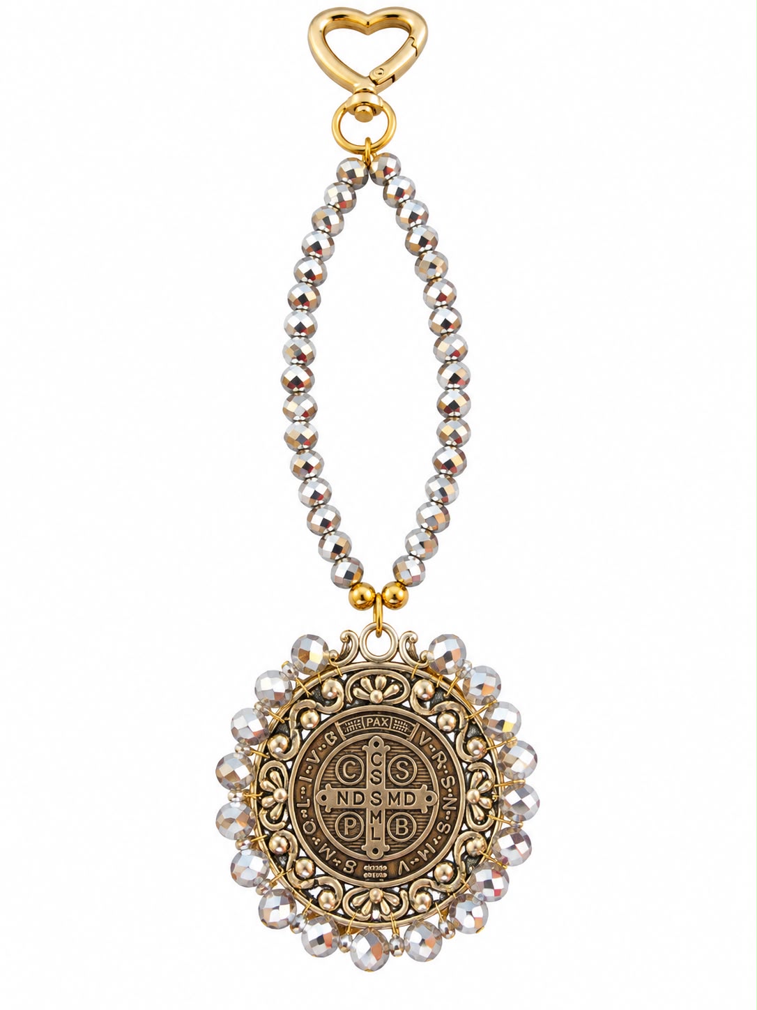 Llavero San Benito Cristal con medalla, cristales plateados y broche de corazón dorado