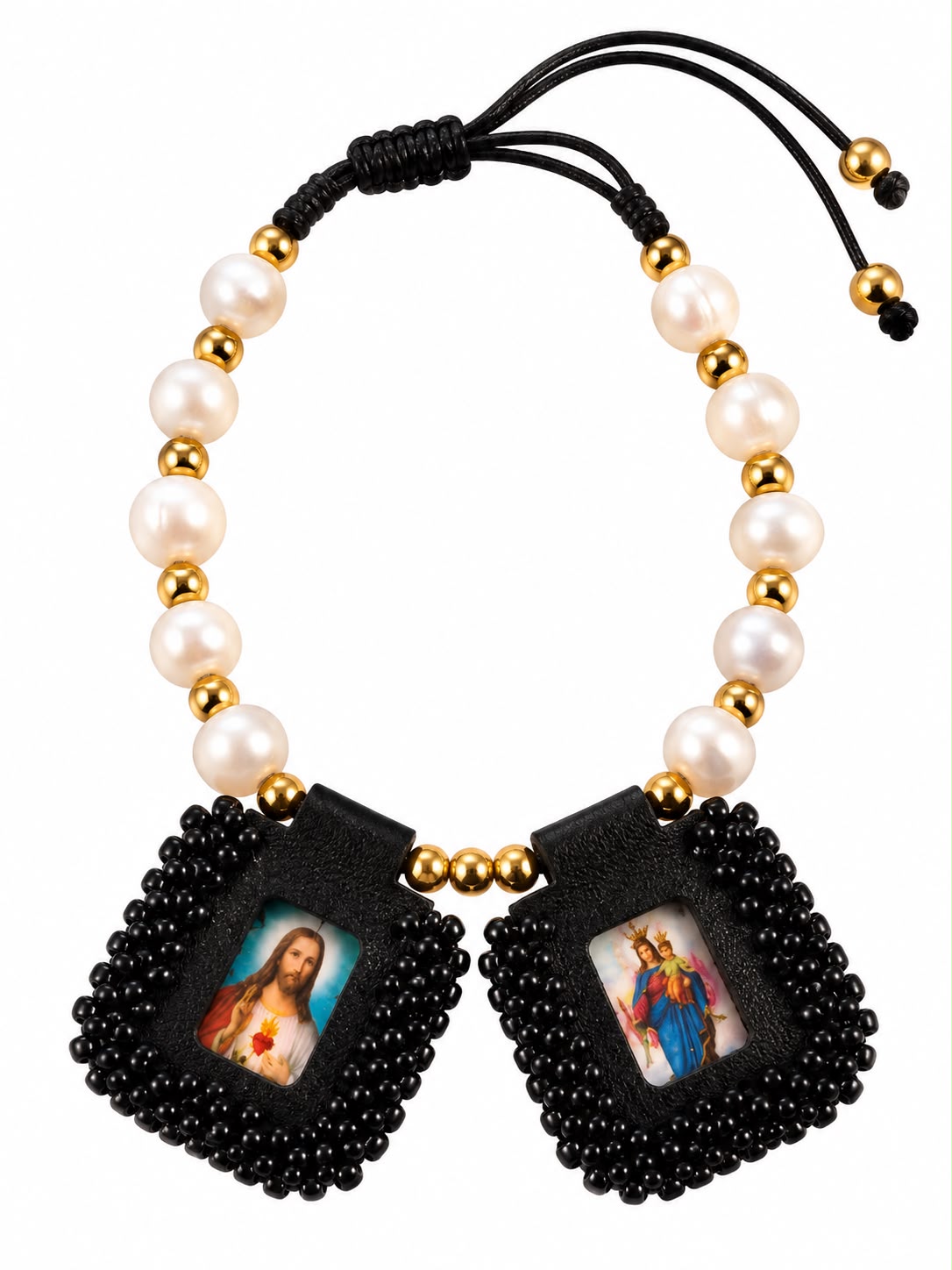 Pulsera Sagrado Corazón y María Auxiliadora con perlas, detalles dorados y dijes tejidos en negro