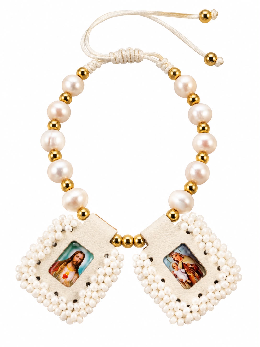 Pulsera Sagrado Corazón y Virgen con perlas, detalles dorados y dijes tejidos a mano