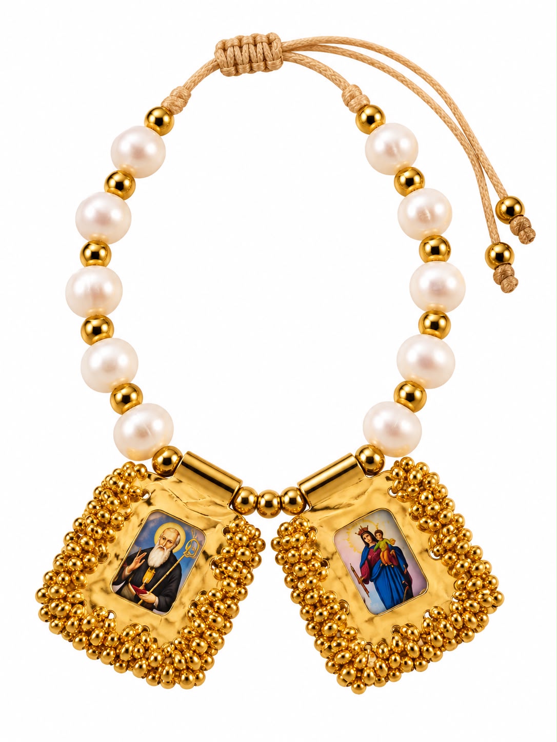 Pulsera San Benito y María Auxiliadora Dorada con perlas y dijes tejidos en dorado