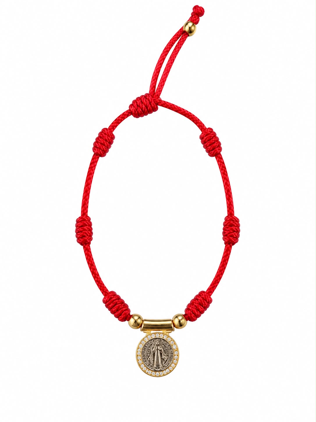 Pulsera San Benito Roja ajustable en cordón rojo con medalla de San Benito dorada
