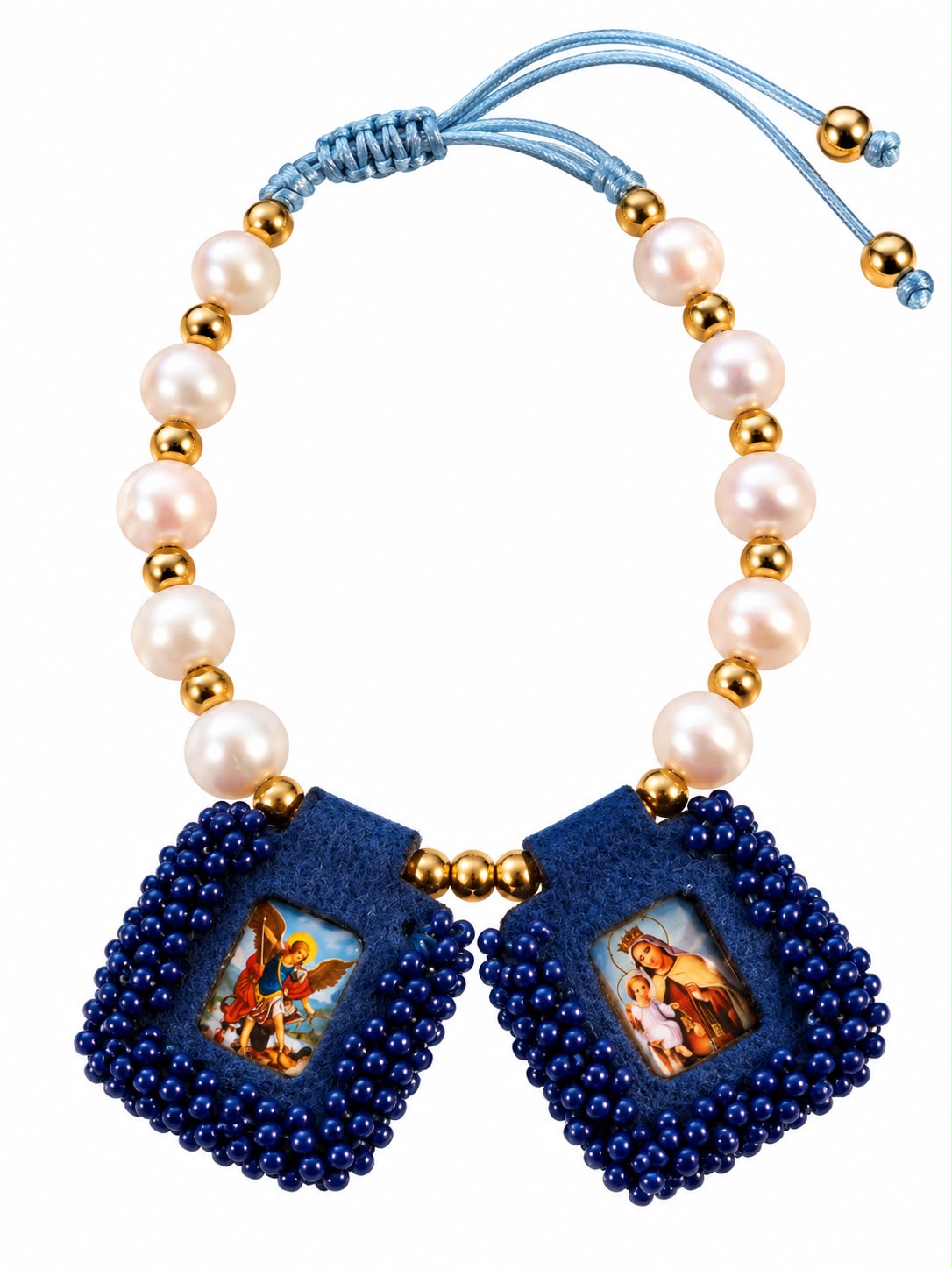 Pulsera San Miguel Arcángel y Virgen con perlas, detalles dorados y dijes tejidos en azul