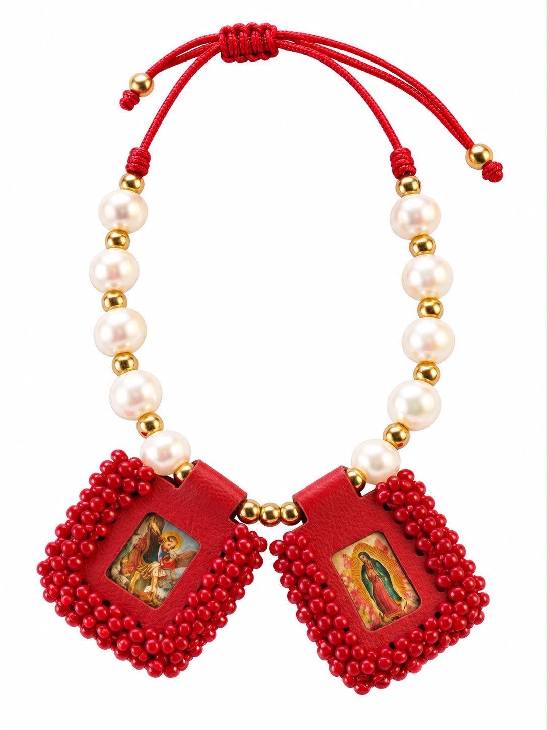 Pulsera San Miguel Arcángel y Virgen de Guadalupe con perlas y dijes tejidos en rojo