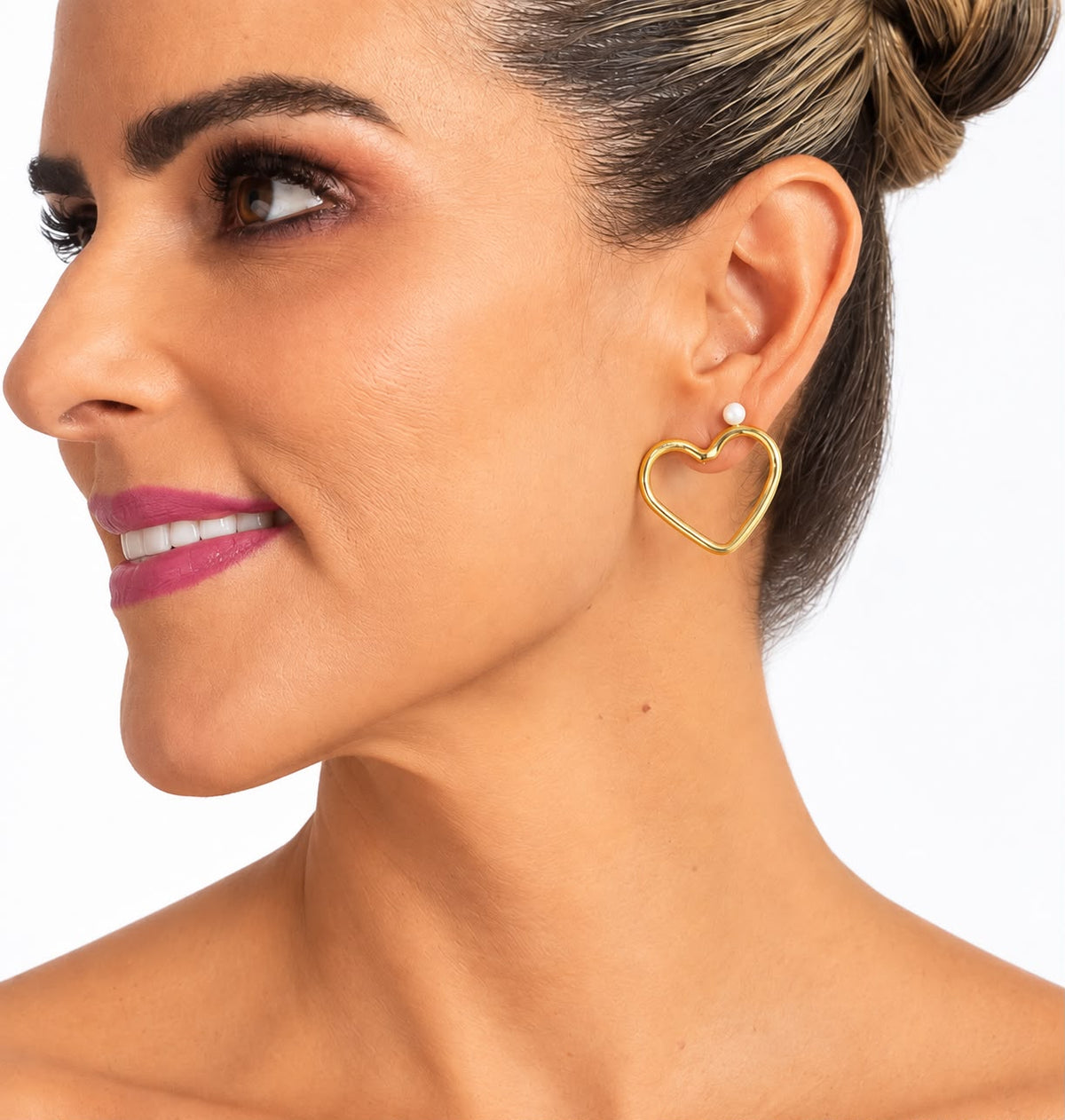 Set Amore - Aretes de corazón abierto dorado con perla